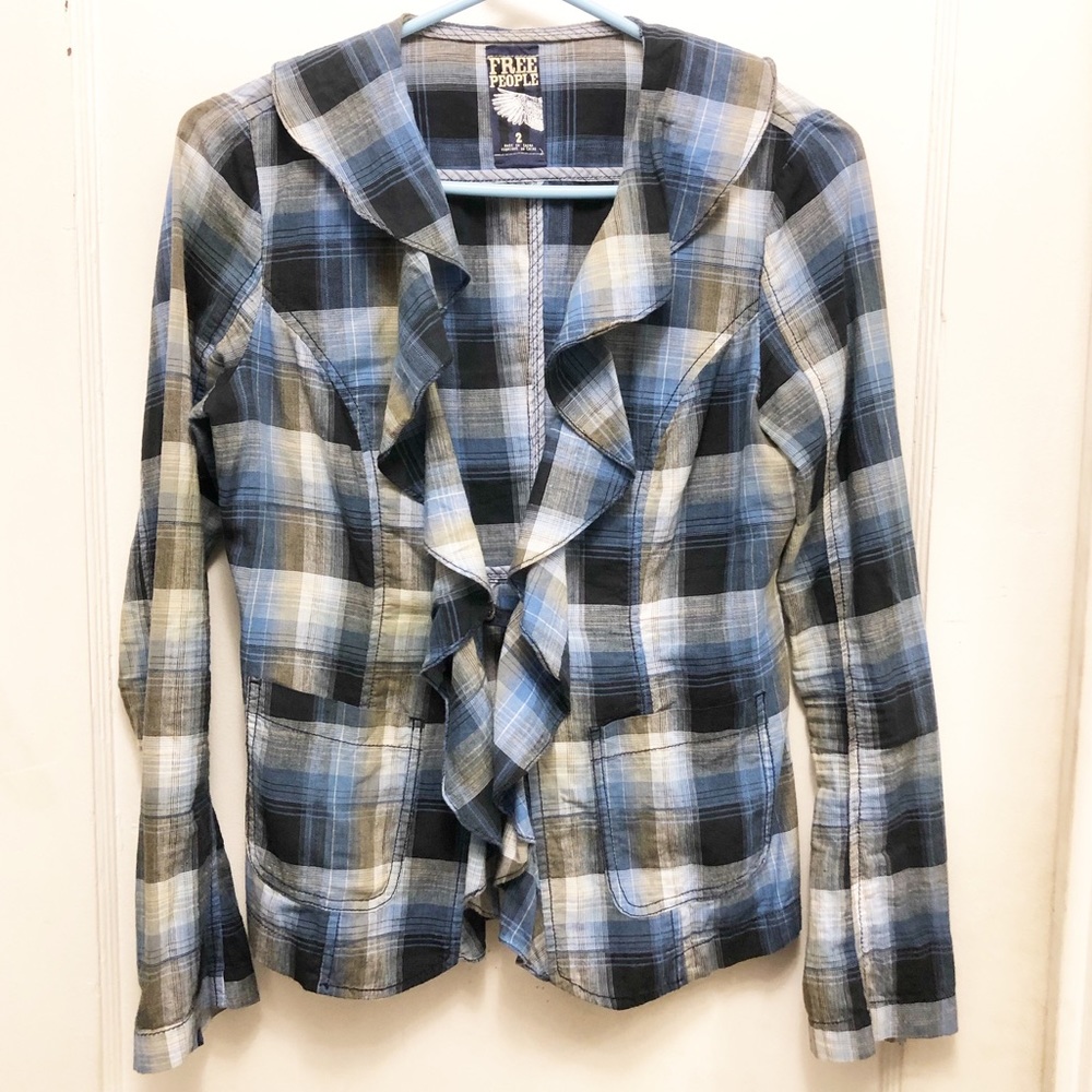 FREE PEOPLE Size 2 Plaid 1 Button Lightweight Weight Cotton Ruffled Blazer